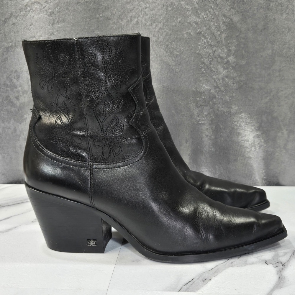 Sam Edelman Wilda Western Boots Womens 9 Black Leather Embroidered Pointed Ankle